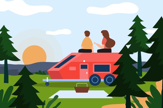 Camping con una ilustración de caravana con hombre y mujer.