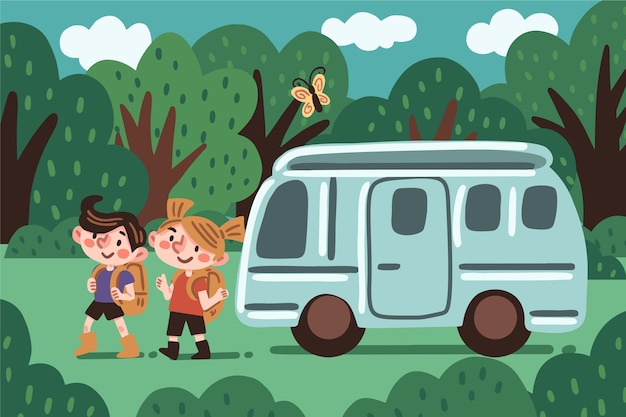 Camping con una ilustración de caravana con niño y niña.