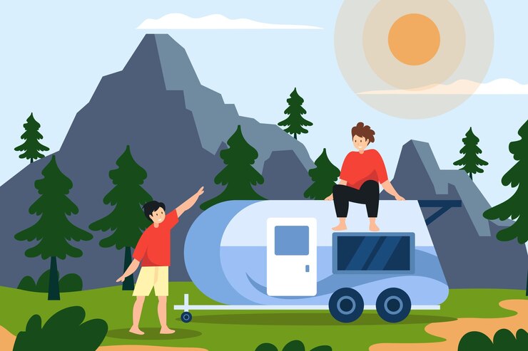 Vector gratuito camping con una ilustración de caravana con personajes.