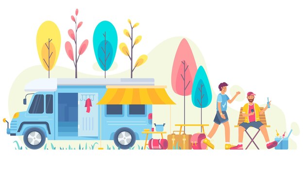 Camping con una ilustración de caravana con personajes.