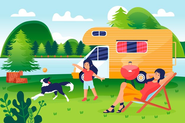 Camping con una ilustración de caravana con personas y perro.