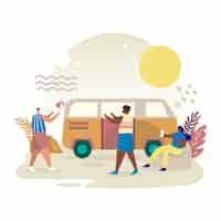 Vector gratuito camping con una ilustración de caravana con personas.