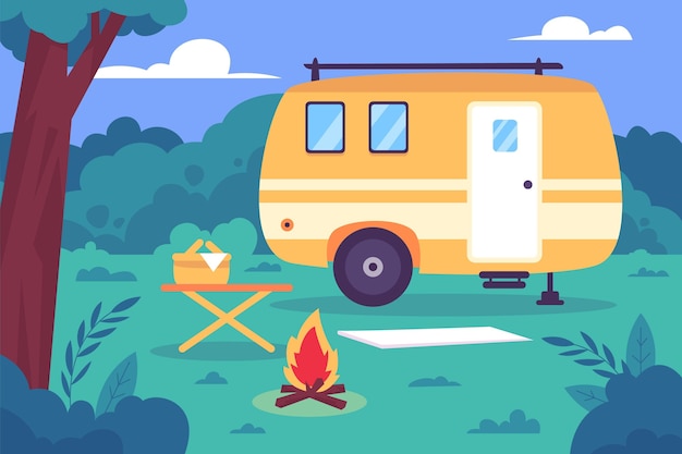 Camping con una ilustración de caravana.