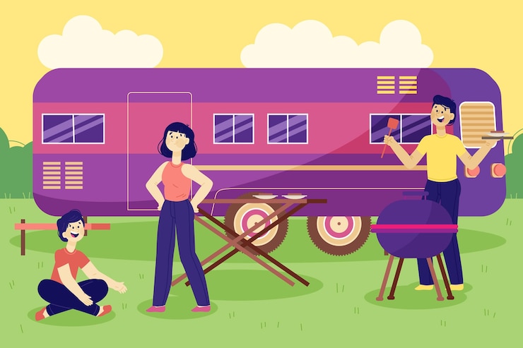Vector gratuito camping con una ilustración de caravana.