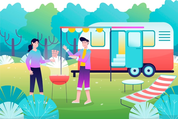 Camping con una ilustración de caravana.