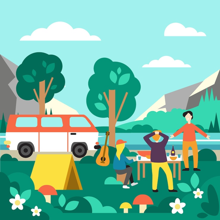 Vector gratuito camping con una ilustración de caravana.