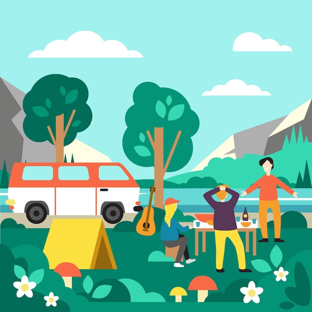 Camping con una ilustración de caravana.