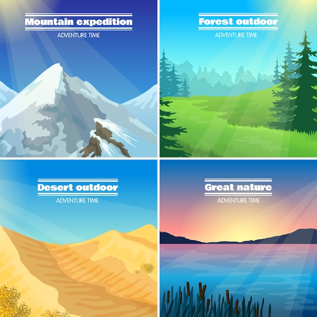 Vector gratuito camping paisajes planos 4 iconos cuadrados