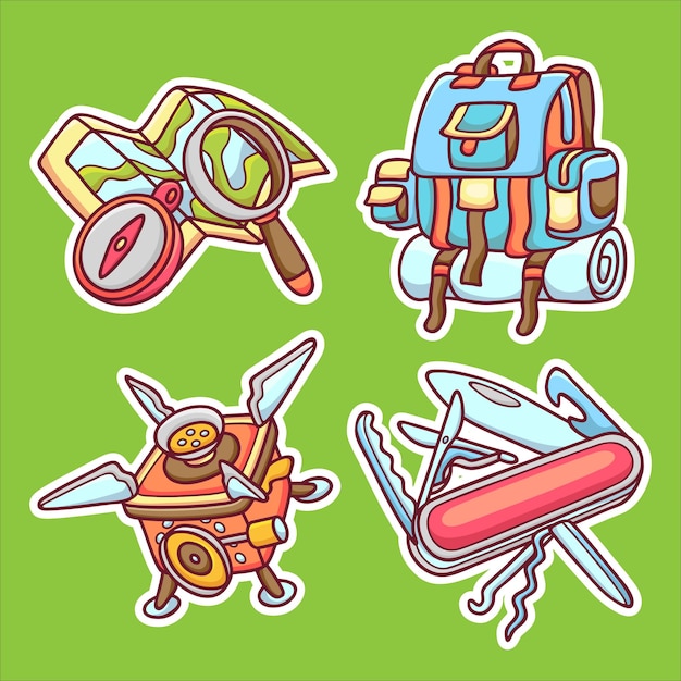 Camping pegatina iconos dibujados a mano para colorear Vector