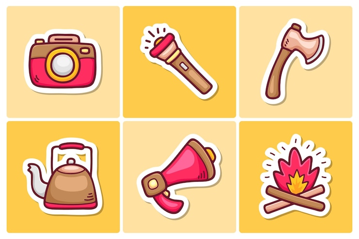 Vector gratuito camping pegatina iconos doodle para colorear vector