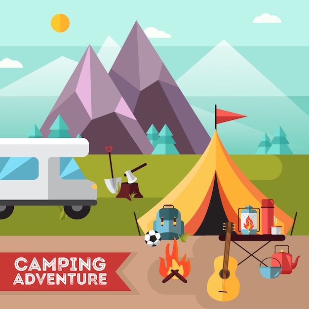 Vector gratuito camping plano de aventura y senderismo con guitarra de carpa.