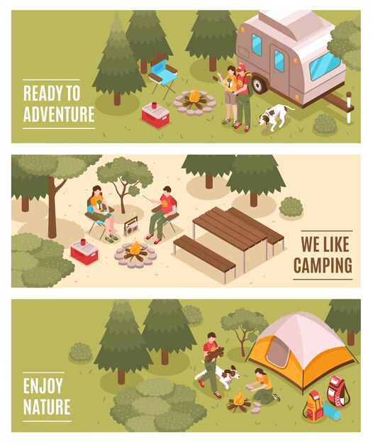 Camping Senderismo Banners isométricos