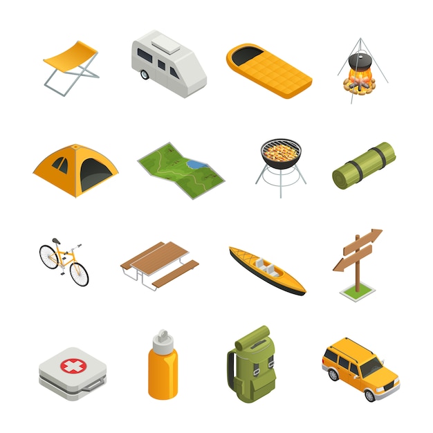 Vector gratuito camping senderismo conjunto de iconos isométricos