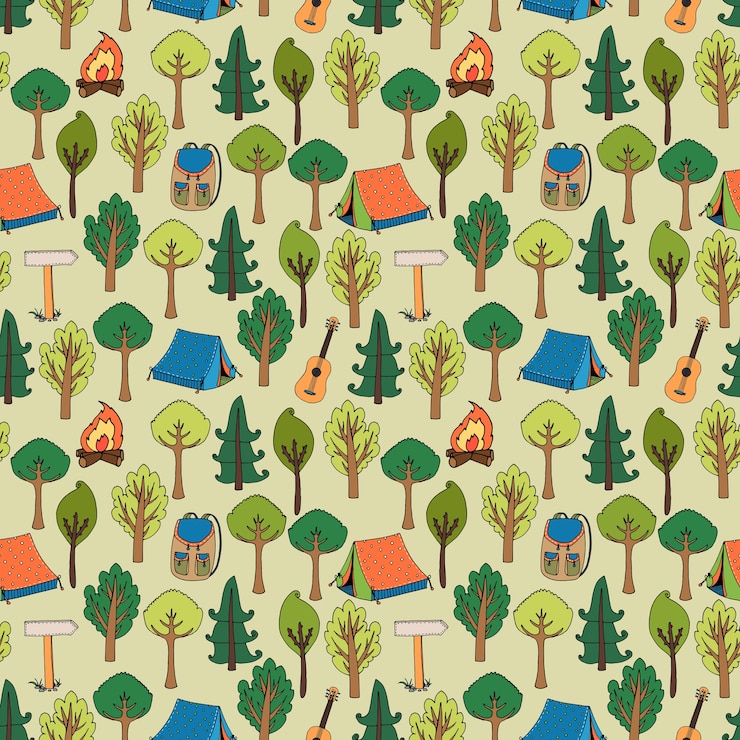 Vector gratuito camping y senderismo de patrones sin fisuras de tiendas de campaña en un bosque de árboles con fogatas mochilas mochilas guitarras y marcadores de senderos ilustración vectorial en formato cuadrado