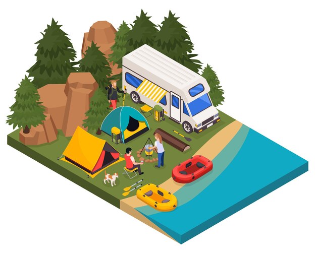Camping senderismo turismo ilustración isométrica