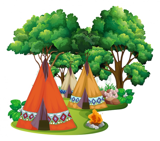 Vector gratuito camping con tipis y fogata.