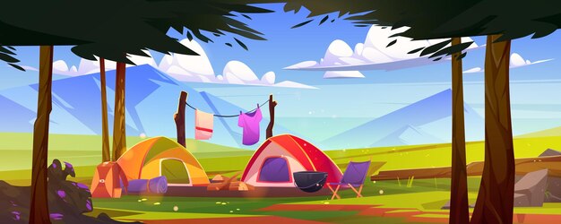 Vector gratuito camping turístico en el paisaje natural con árboles.