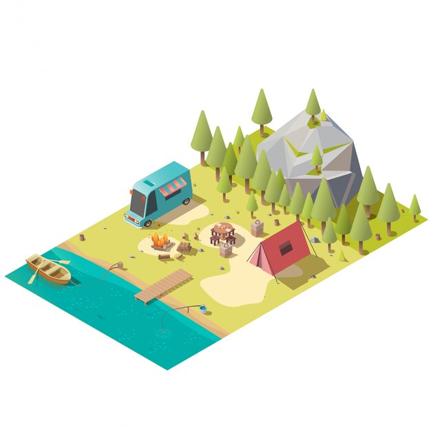 Camping en vector isométrico de la orilla del lago de montaña