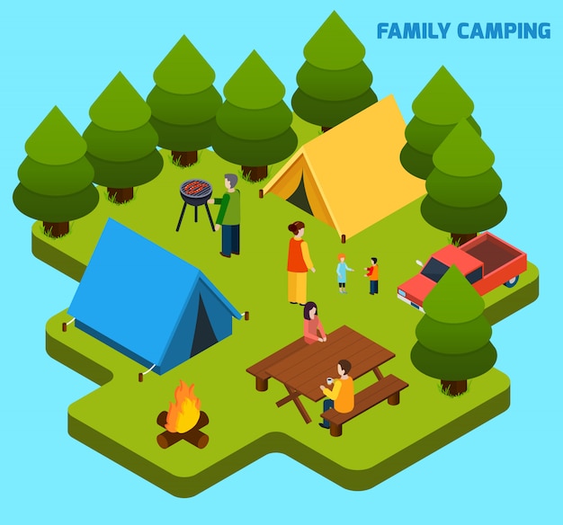 Camping y viajes composición isométrica