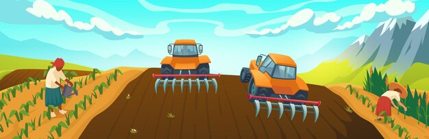 Campo agrícola con tractor arado y agricultores en paisaje rural, cuidado de trabajadores y riego de plantas. La agricultura tradicional, el campo o la producción orgánica de la aldea crecen, ilustración vectorial de dibujos animados