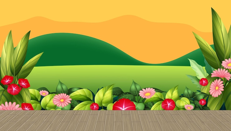 Vector gratuito campo de flores y hojas con fondo de montaña al atardecer