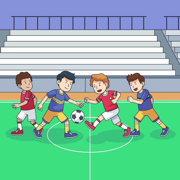 Campo de fútbol sala con ilustración de jugadores