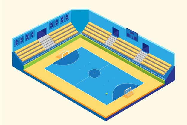 Campo de fútbol sala isométrico azul y amarillo