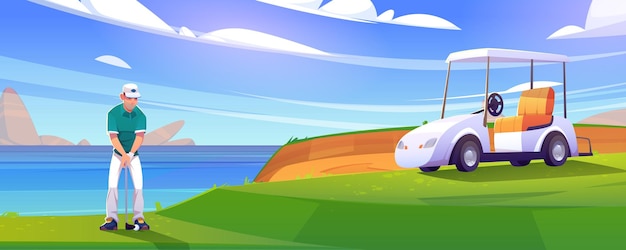 Campo de golf en la orilla del lago con hombre y carro