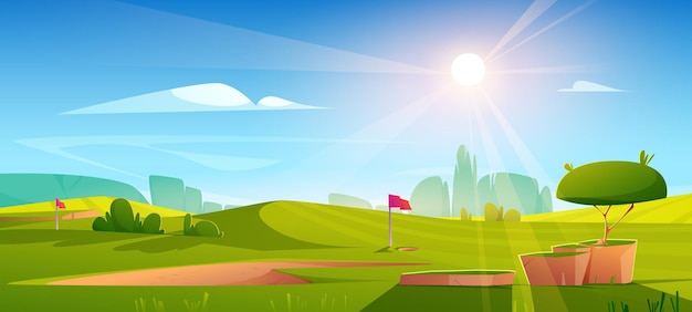 Vector gratuito campo de golf paisaje de la naturaleza, hierba verde, bandera