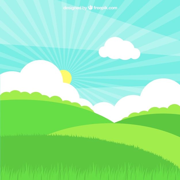 Vector gratuito campo de hierba con sol y nubes en diseño plano