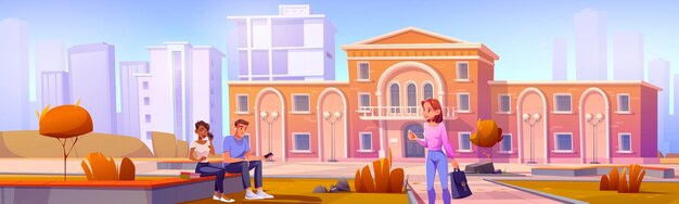 Campus universitario o fachada de biblioteca con diversidad de estudiantes, hombres y mujeres jóvenes multirraciales con ...