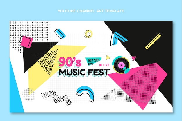 Vector gratuito canal de youtube del festival de música de los 90 de diseño plano