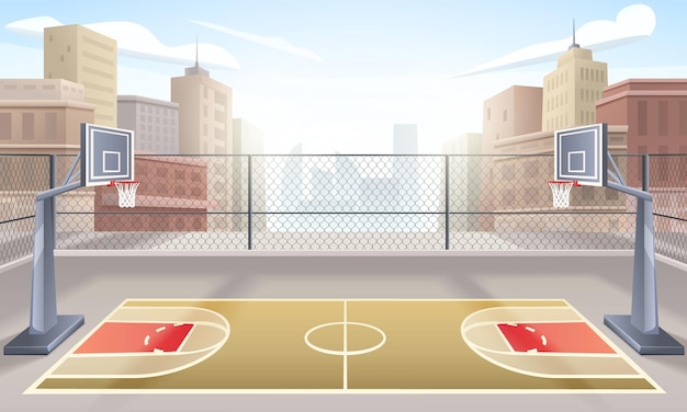 Cancha de baloncesto al aire libre de dibujos animados en el fondo con ilustración de vector de casas de la ciudad