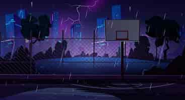 Vector gratuito cancha de baloncesto nocturna en tiempo lluvioso ilustración de dibujos animados vectoriales de charcos de agua en un patio oscuro para actividades deportivas al aire libre lluvia que vierte relámpagos en el cielo sobre los edificios de la gran ciudad