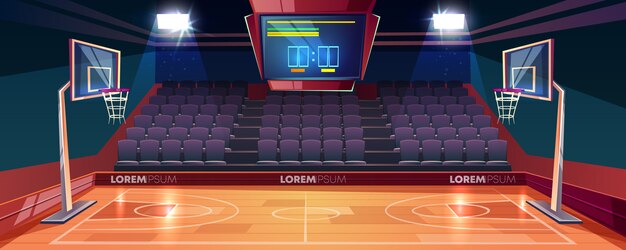 Cancha de básquetbol con piso de madera, marcador en el techo y caricaturas del sector de ventiladores vacíos.
