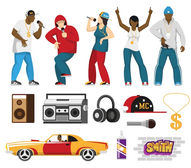 Vector gratuito cantantes de rap y accesorios flat set