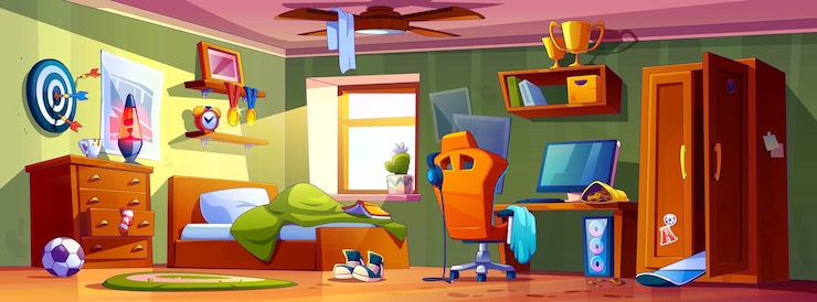 Vector gratuito caos desordenado en el interior de la habitación de un adolescente