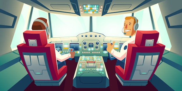 Capitán y copiloto sentado en la cabina del avión con el tablero de la cubierta de vuelo ilustración de dibujos animados