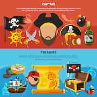 Vector gratuito capitán pirata banners de dibujos animados