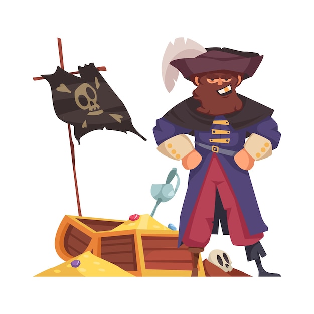 Capitán pirata sonriente con dibujos animados de cofre del tesoro