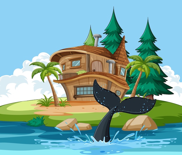 Vector gratuito la caprichosa casa de la isla con la cola de ballena