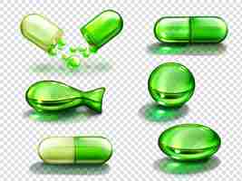 Vector gratuito cápsula verde con vitamina, colágeno o medicamento.