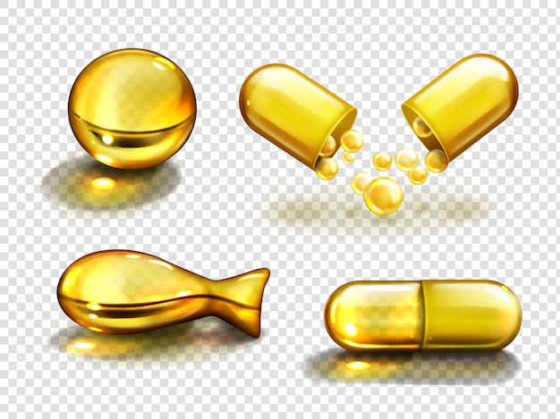 Cápsulas de aceite de oro, suplementos vitamínicos, colágeno.