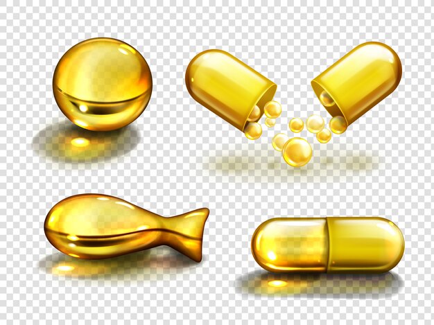 Cápsulas de aceite de oro, suplementos vitamínicos, colágeno.
