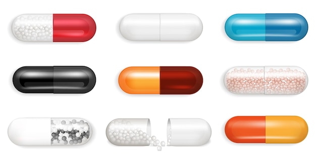 Cápsulas realistas con imágenes aisladas de píldoras coloridas con grano y sombras en la ilustración de vector de fondo en blanco