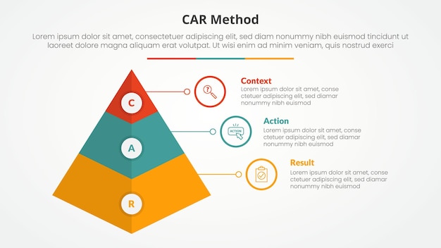 CAR interview model infographic concept for slide presentation with 3d pyramid shape with 3 point list with flat style