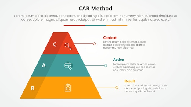 CAR interview model infographic concept for slide presentation with pyramid shape with 3d shadow badge with 3 point list with flat style