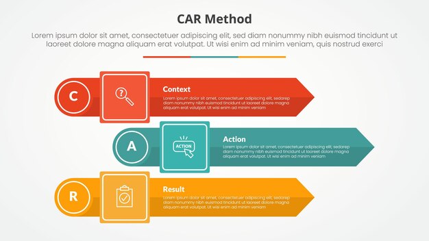 CAR interview model infographic concept for slide presentation with rectangle arrow stack with circle edge with 3 point list with flat style