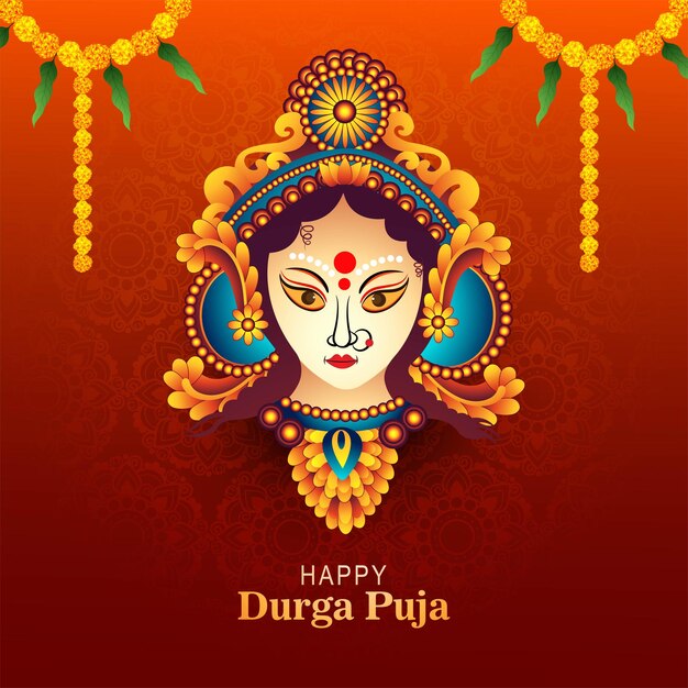 Cara de la diosa durga en el fondo de la tarjeta feliz durga puja