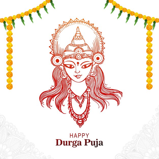 Cara de la diosa durga en el fondo de la tarjeta feliz durga puja